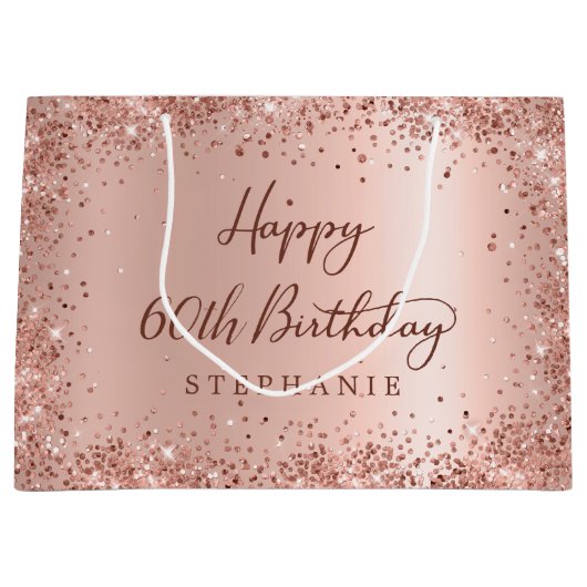 Grand Sac Cadeau Rose moderne Parties scintillant or Monogramme 60e (Devant)