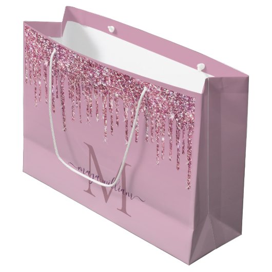 Grand Sac Cadeau Rose Parties scintillant Lecteurs Monogramme Perso (Devant Angle)