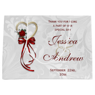 Grand Sac Cadeau Rose romantique, Coeur d'or et Ruban Rouge