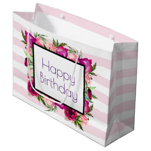 Grand Sac Cadeau Rose rose et bouquet floral de pavot Joyeux annive