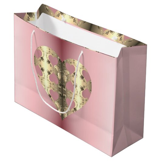 Grand Sac Cadeau Rose rose et bronze Coeur Saint Valentin (Devant Angle)