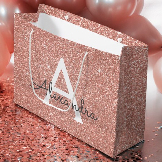 Grand Sac Cadeau Rose Rose Parties scintillant Or & Monogramme étin