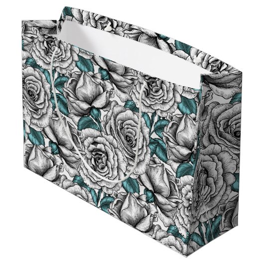 Grand Sac Cadeau Roses blanches avec feuilles bleus (Dos Angle)