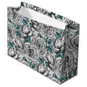 Grand Sac Cadeau Roses blanches avec feuilles bleus (Devant Angle)