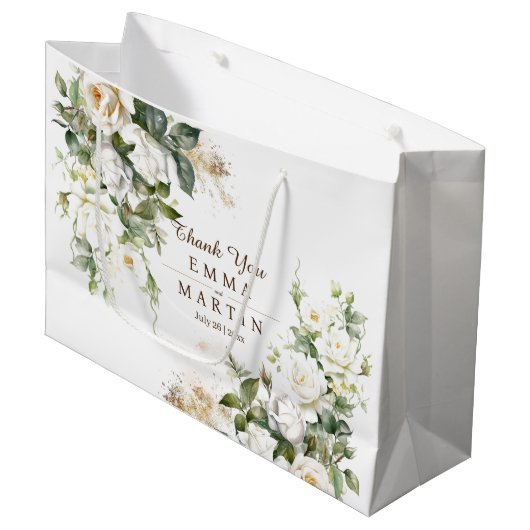 Grand Sac Cadeau Roses blanches Fleurs de mariage Cadeaux (Devant Angle)