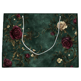 Grand Sac Cadeau Roses élégantes. Fond vert foncé.