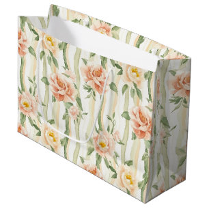 Grand Sac Cadeau Roses Menthe Pêche Rayures Florales Anniversaire