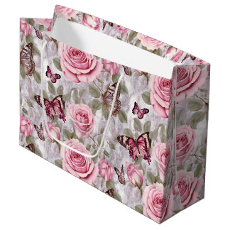 Grand Sac Cadeau Roses roses roses et papillons Aquarelle Florale