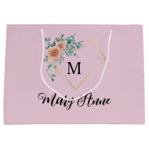Grand Sac Cadeau Roses roses roses vintages Coeur doré Monogramme e