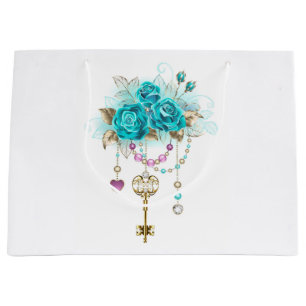 Grand Sac Cadeau Roses turquoise avec touches