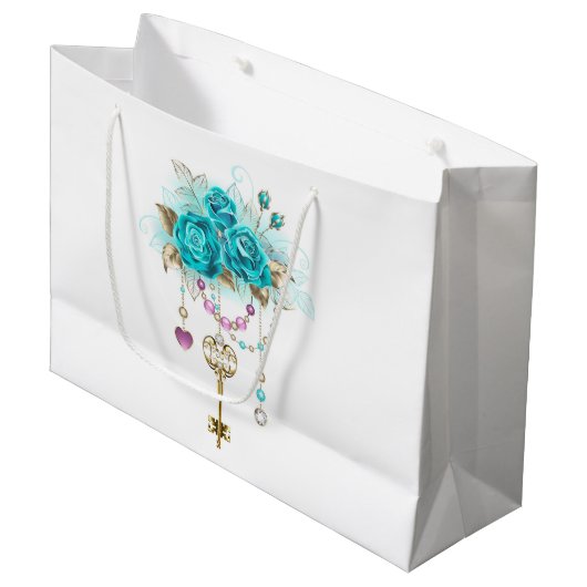 Grand Sac Cadeau Roses turquoise avec touches (Devant Angle)
