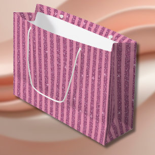 Grand Sac Cadeau Rouge à lèvres chic rose pailleté rayures vertical
