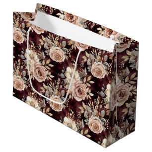 Grand Sac Cadeau Rouge Bourgogne Blush Floral Mariage Fête