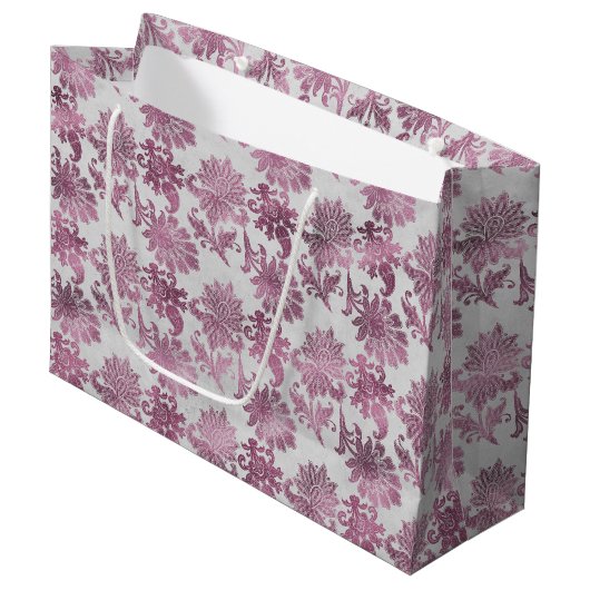 Grand Sac Cadeau Rouge Bourgogne Fleur Argent (Devant Angle)