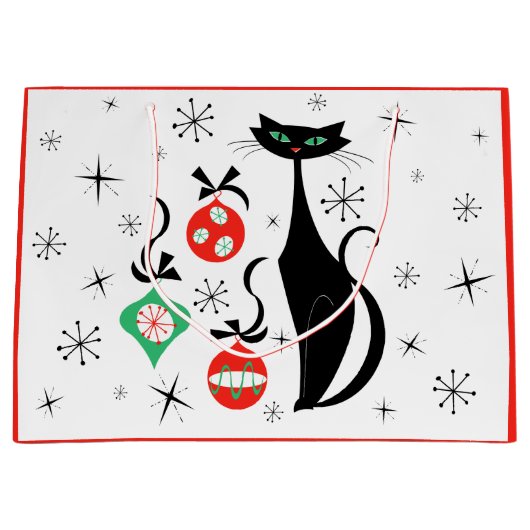 Grand Sac Cadeau Rouge de chat rétro Xmas (Devant)