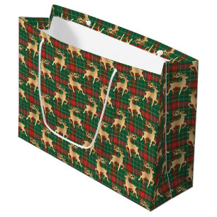 Grand Sac Cadeau Rouge et Vert Carreaux avec Renne en Or Faux