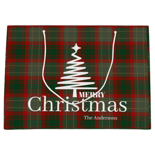 Grand Sac Cadeau Rouge moderne Joyeux Noël script arbre tartan roug (Devant)