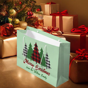 Grand Sac Cadeau Rouge rustique Vert Plaid Arbres de Noël Personnal