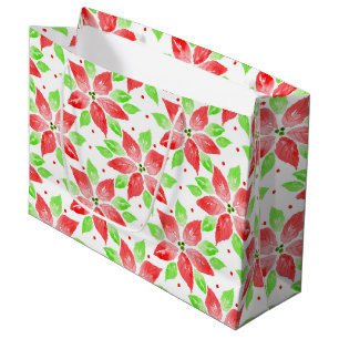Grand Sac Cadeau Rouge vert Aquarelle Poinsettia Motif
