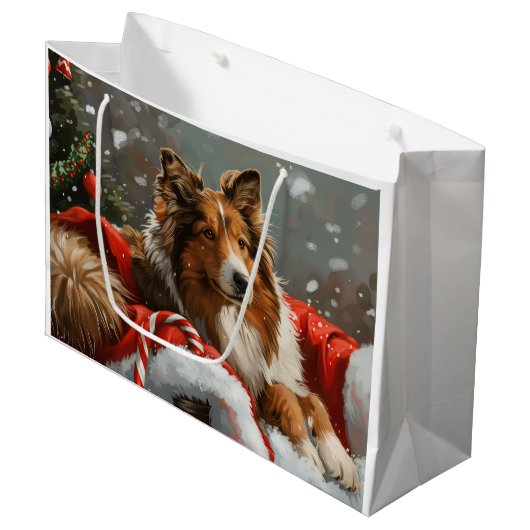 Grand Sac Cadeau Rough Collie Chien Festif de Noël (Devant Angle)