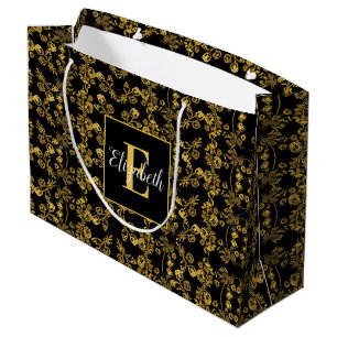 Grand Sac Cadeau Royal Black & Gold Damassé Fleur Personnalisé Nom