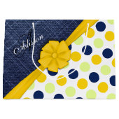 Grand Sac Cadeau Ruban Jaune, Jeans Fabric, Points Motif Monogramme (Devant)