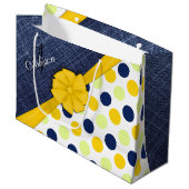 Grand Sac Cadeau Ruban Jaune, Jeans Fabric, Points Motif Monogramme (Devant Angle)