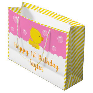 Grand Sac Cadeau Rubber Ducky Jaune et Rose Joyeux Anniversaire