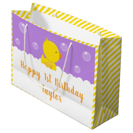 Grand Sac Cadeau Rubber Ducky Jaune et Violet Joyeux anniversaire (Devant Angle)