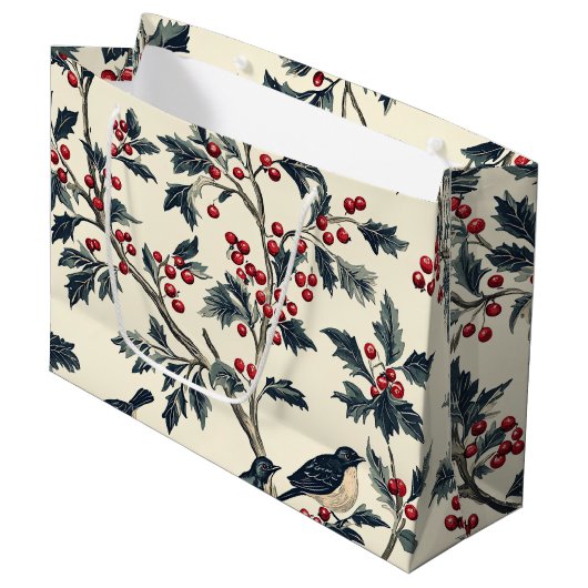 Grand Sac Cadeau Rustic Bird et Poinsettia Motif de Noël (18) (Devant Angle)