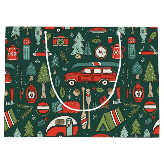 Grand Sac Cadeau Rustic Christmas Camping Rouge & Vert (Devant)