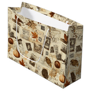 Grand Sac Cadeau Rustique Automne Ephemera Collage Terre chaude