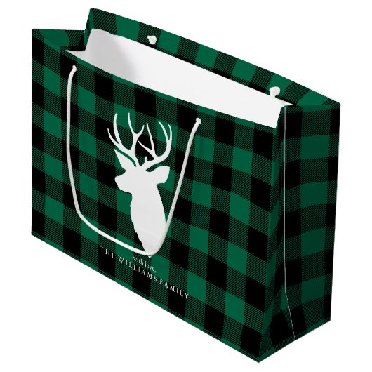 Grand Sac Cadeau Rustique Green Plaid Motif Noël (Devant Angle)
