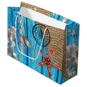 Grand Sac Cadeau Rustique Nautique Bleu Burlap Starfish