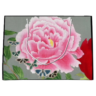 GRAND SAC CADEAU SAC-CADEAU FLORAL ROUGE ET ROSE CHINOIS