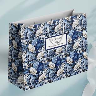 Grand Sac Cadeau Sac-cadeau Luxueux Fleurs d'Ivoire Bleu Marine Élé