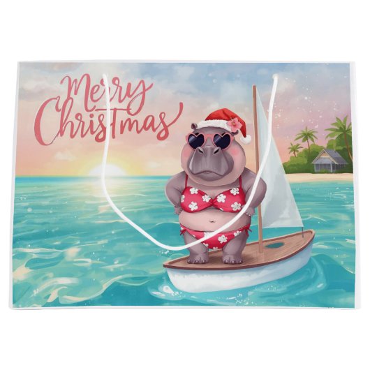 Grand Sac Cadeau Sailing Hippo Christmas Bikini on big wave (Devant)