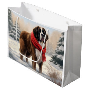 Grand Sac Cadeau Saint Bernard Chien à Noël de neige
