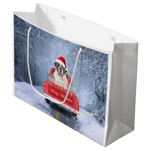 Grand Sac Cadeau Saint Bernard Dog en Neige assis Camion de Noël (Devant Angle)