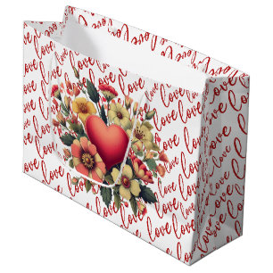 Grand Sac Cadeau Saint Valentin Fleurs et Amour 