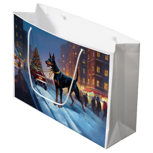 Grand Sac Cadeau Saison Festive de Noël Doberman (Devant Angle)