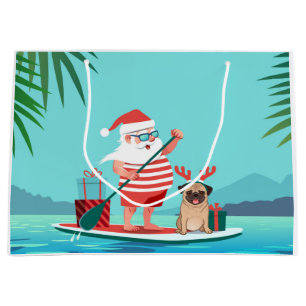Grand Sac Cadeau Santa Claus and His Pug on a surfboard