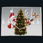 Grand Sac Cadeau Santa claus and reindeer behind a christmas tree.j<br><div class="desc">christmas santa claus reindeer,  frofrisend friends ful funny ,  vintage magic snowflake art,  2020 happy new year,  joy gift snow flying,  year new celebration deer,  happy xmas winter holiday,  bell merry cartoon illustration,  fun animal cute,  reindeer christmas clmas</div>