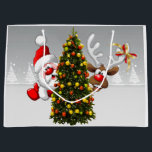 Grand Sac Cadeau Santa claus and reindeer behind a christmas tree.j<br><div class="desc">christmas santa claus reindeer,  frofrisend friends ful funny ,  vintage magic snowflake art,  2020 happy new year,  joy gift snow flying,  year new celebration deer,  happy xmas winter holiday,  bell merry cartoon illustration,  fun animal cute,  reindeer christmas clmas</div>