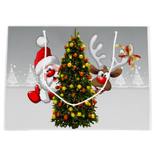 Grand Sac Cadeau Santa claus and reindeer behind a christmas tree.j