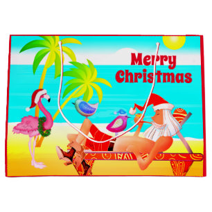 Grand Sac Cadeau Santa Clause et Birds Beach Joyeux Noël