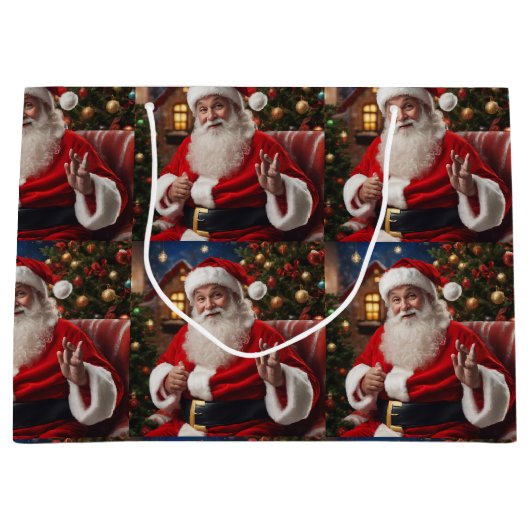 Grand Sac Cadeau Santa Clause souriant et agitant (Devant)