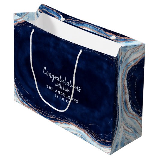 Grand Sac Cadeau Sapphire Blue Rose Gold Félicitations Mariage (Devant Angle)