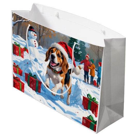 Grand Sac Cadeau Scène de fête de Noël beagle (Dos Angle)