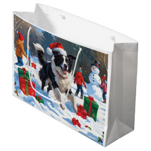 Grand Sac Cadeau Scène de Noël festive Border Collie dans la neige
